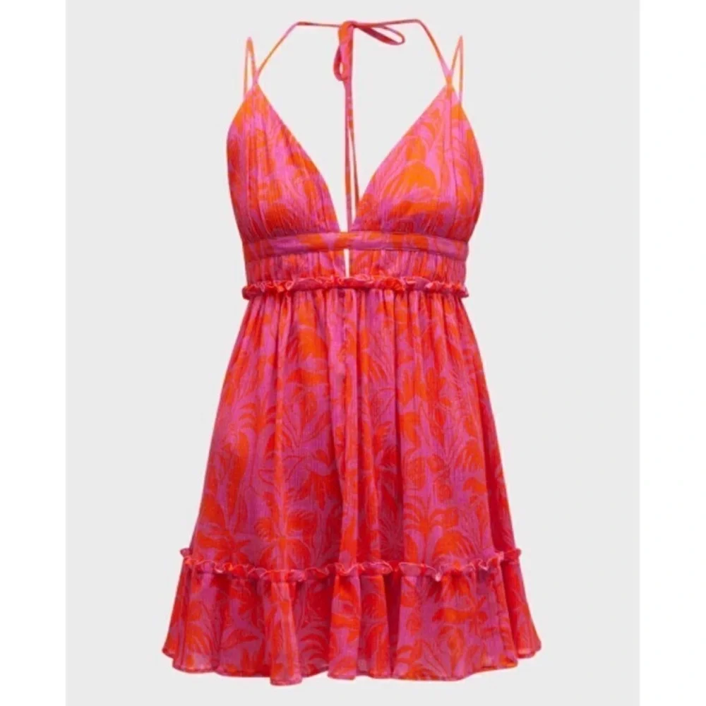 PQ Swim Daphne Palm-Print Mini‎ Dress/Cover-Up in Pink/Orange.